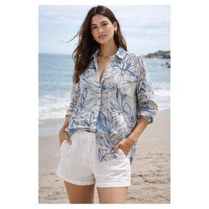H by Halston 100% Linen Floral Button Front Tropical Lightweight Shirt Size 2X